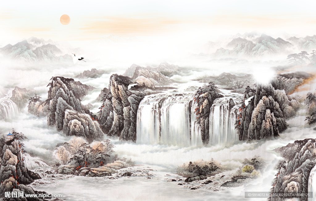 水墨山水画背景墙 日出