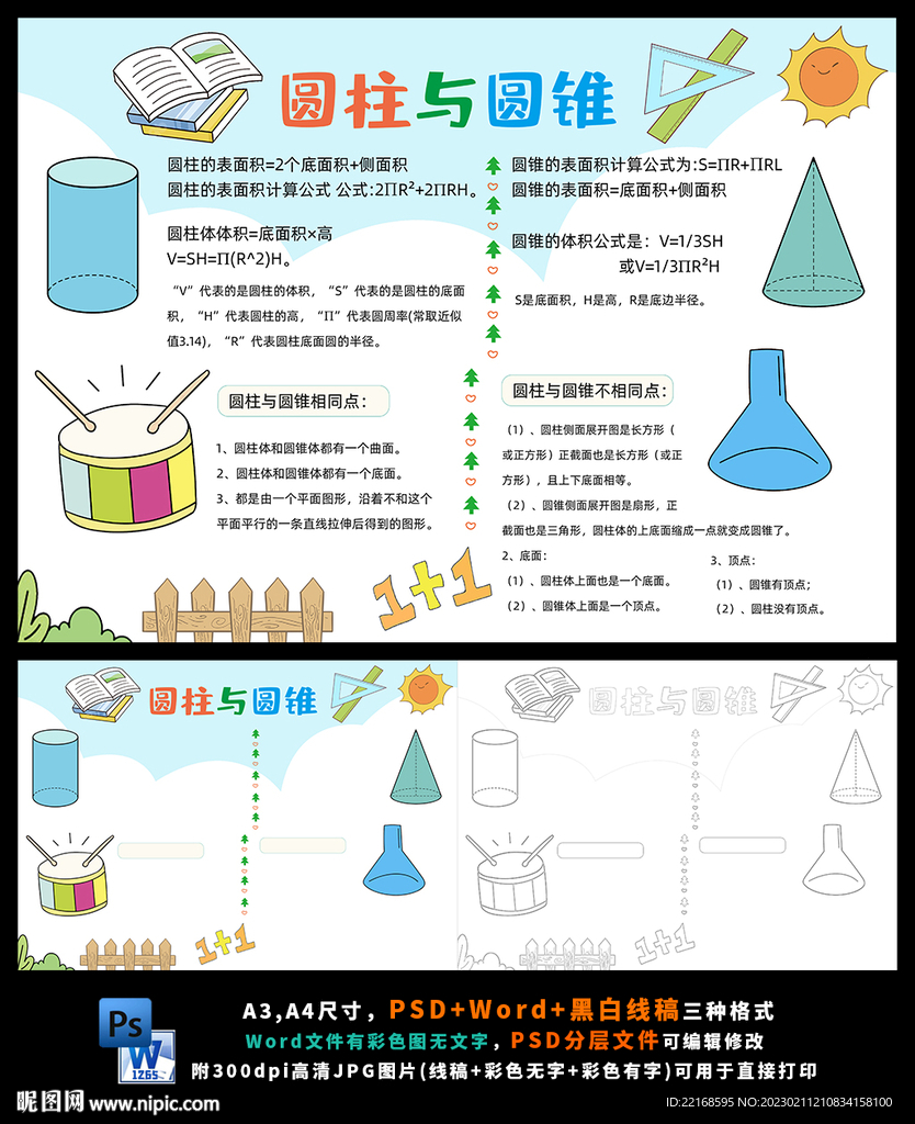 圆柱与圆锥表面积体积数学小报