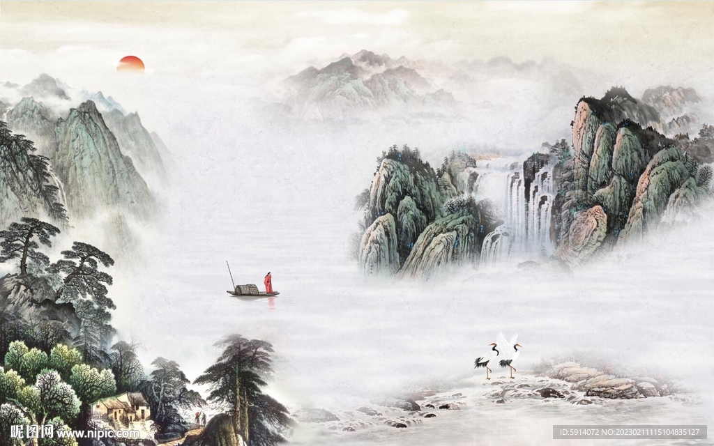 水墨山水画背景墙 日出