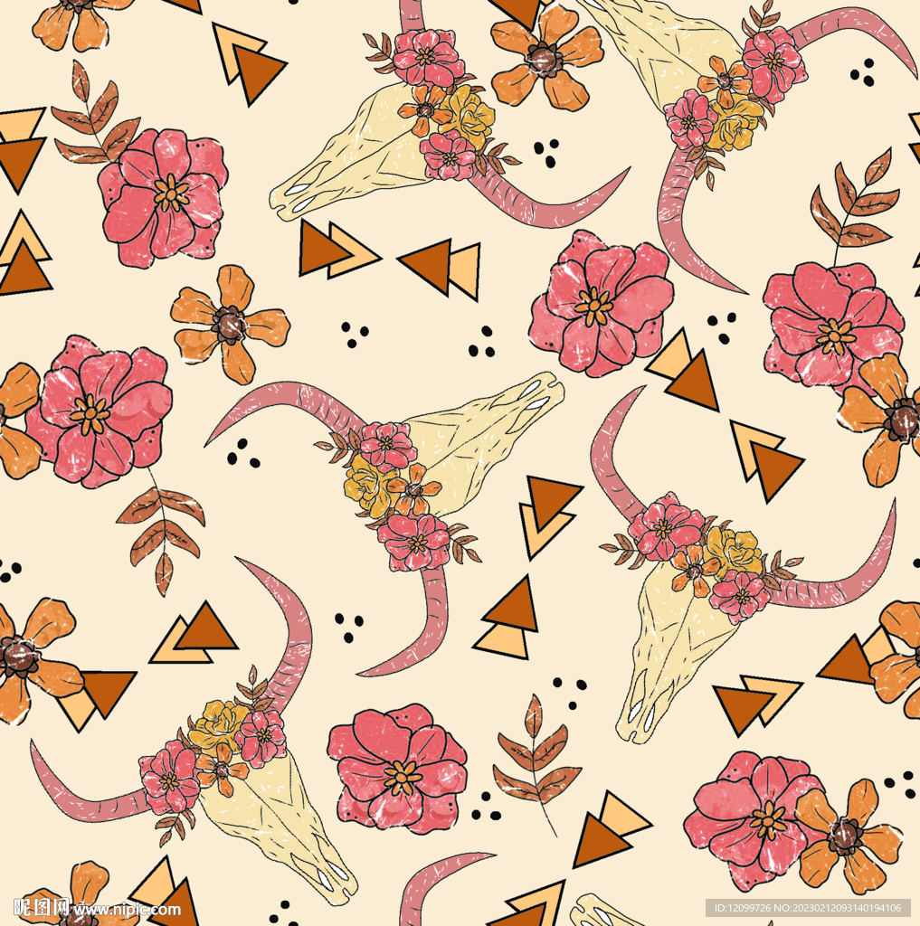 乱花 四方连续 数码印花牛头