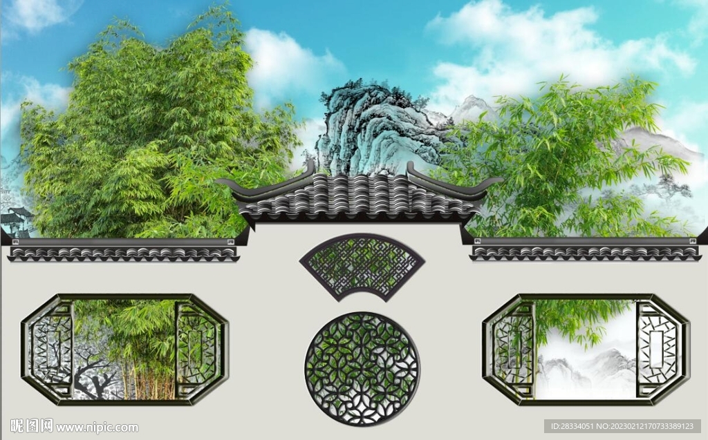 新中式徽派竹林建筑背景墙