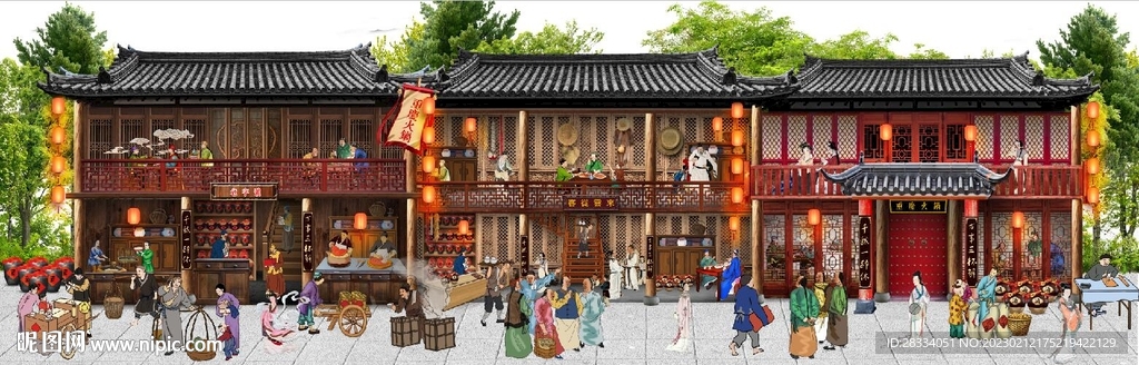 古代市井酒楼背景墙壁画