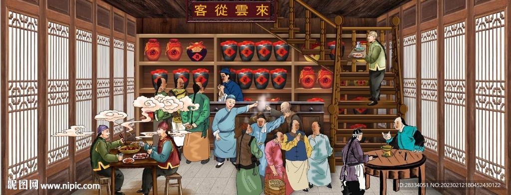 古代市井集市饭馆背景墙壁画