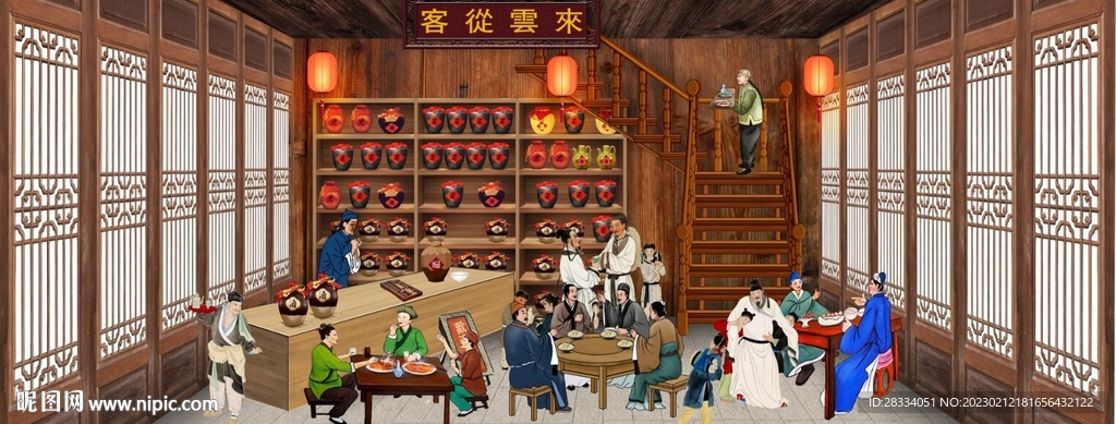 古代市井集市饭馆背景墙壁画