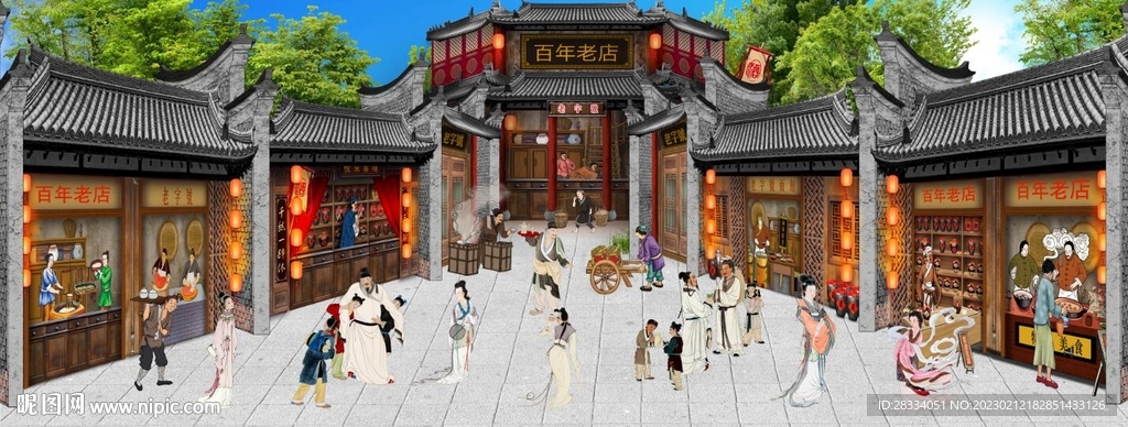 古代市井集市饭馆背景墙壁画