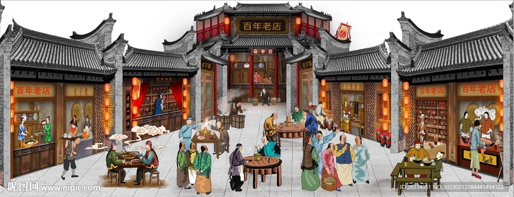 古代市井集市饭馆背景墙壁画