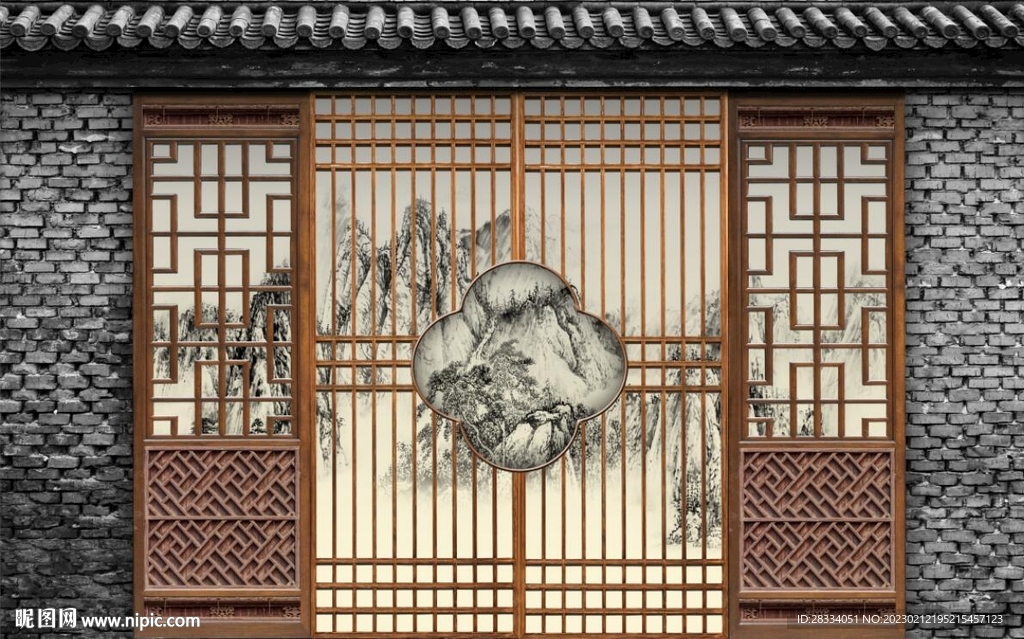 复古怀旧中式建筑场景背景墙
