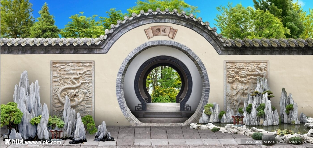 中式月亮门园林背景墙壁画