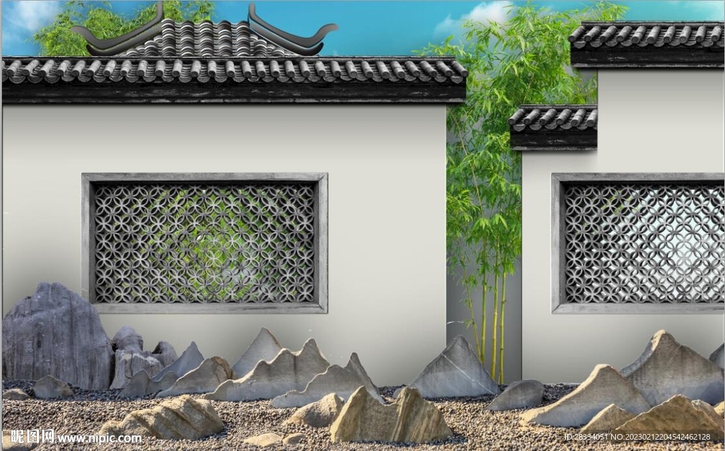 新中式徽派竹林建筑背景墙