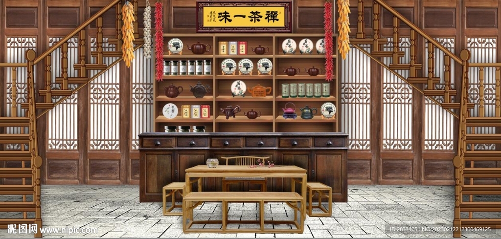 复古禅茶一味茶楼背景墙壁画