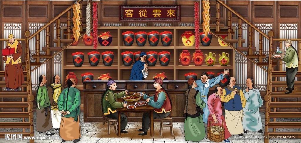 古代市井集市饭馆背景墙壁画