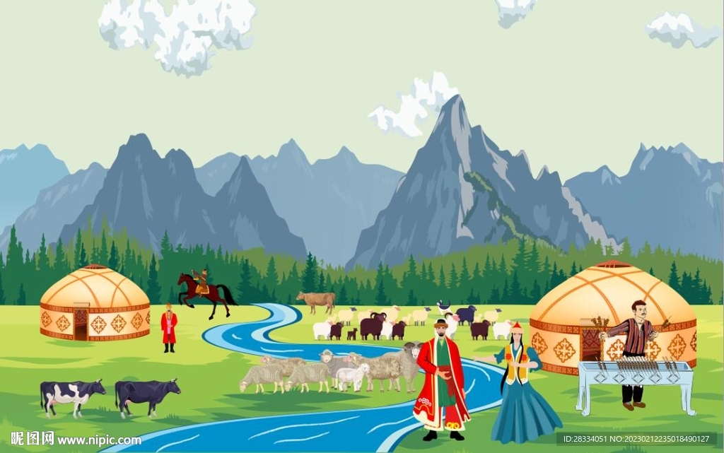 蒙古包草原风景背景墙壁画