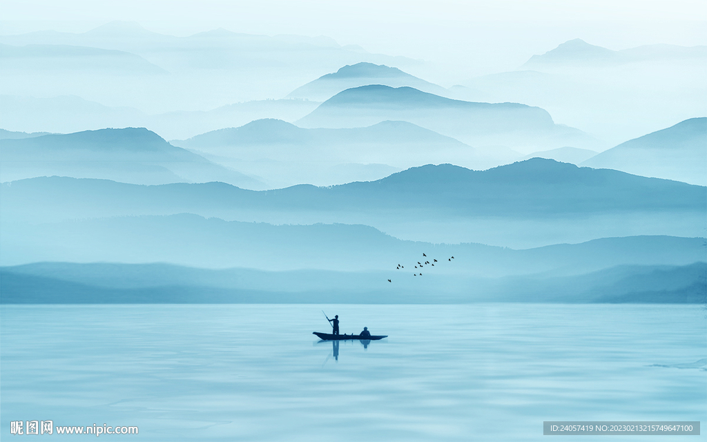 极简空灵意境山水风景蓝色背景墙