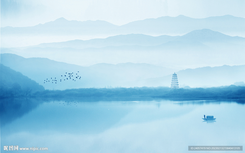 大气意境山水风景蓝色写意背景墙