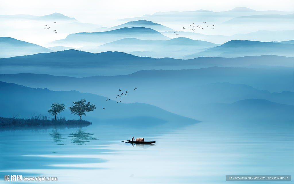 空灵意境山水风景蓝色写意背景墙