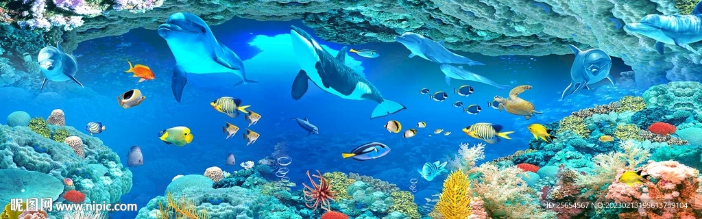梦幻海底世界海豚主题全屋背景墙