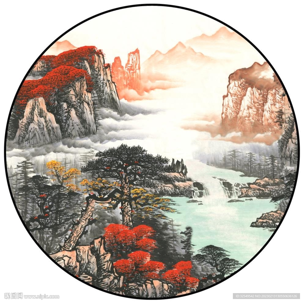 新中式水墨山水圆形装饰画