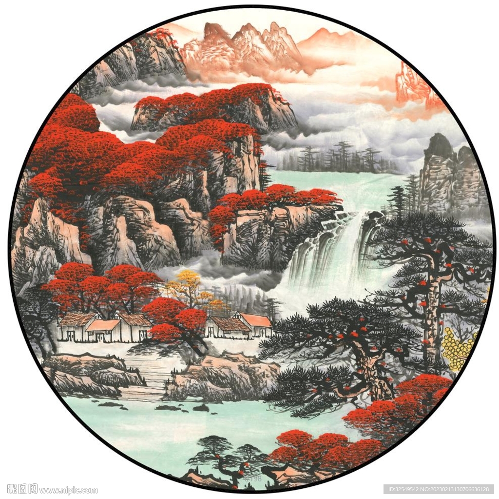 水墨国画山水圆形装饰挂画