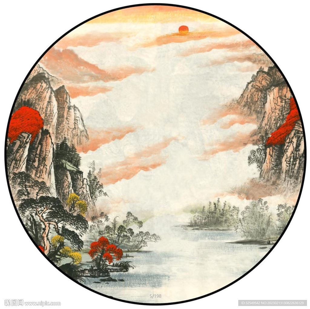 新中式水墨山水圆形装饰画