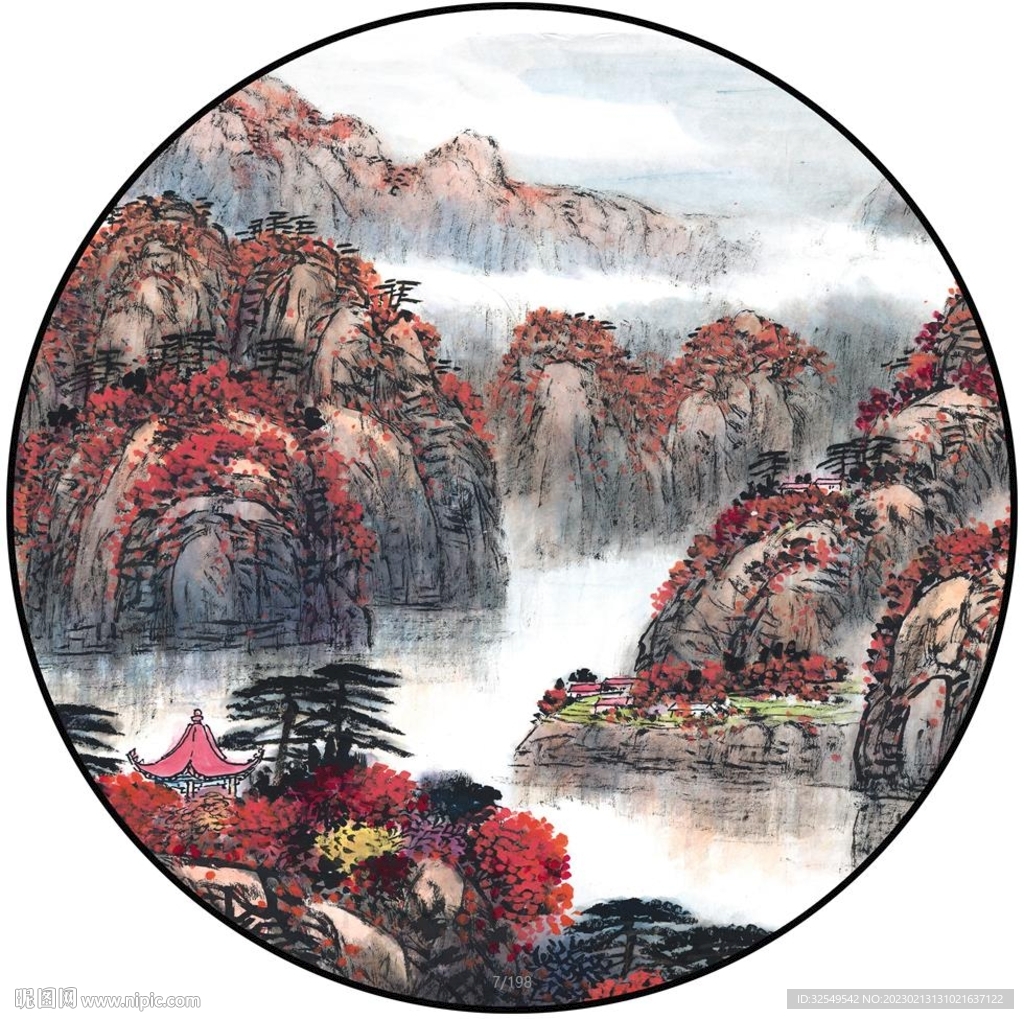 新中式水墨山水圆形装饰画