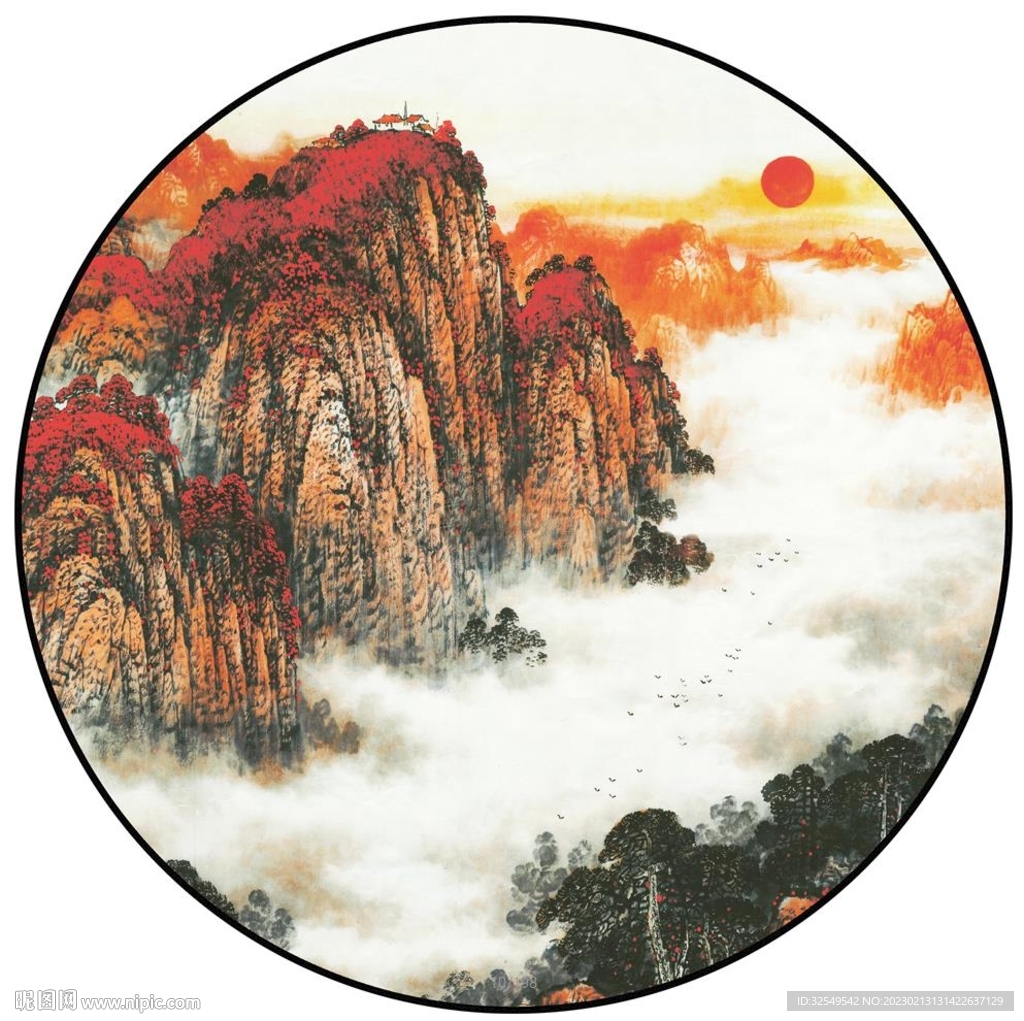 水墨国画山水圆形装饰画