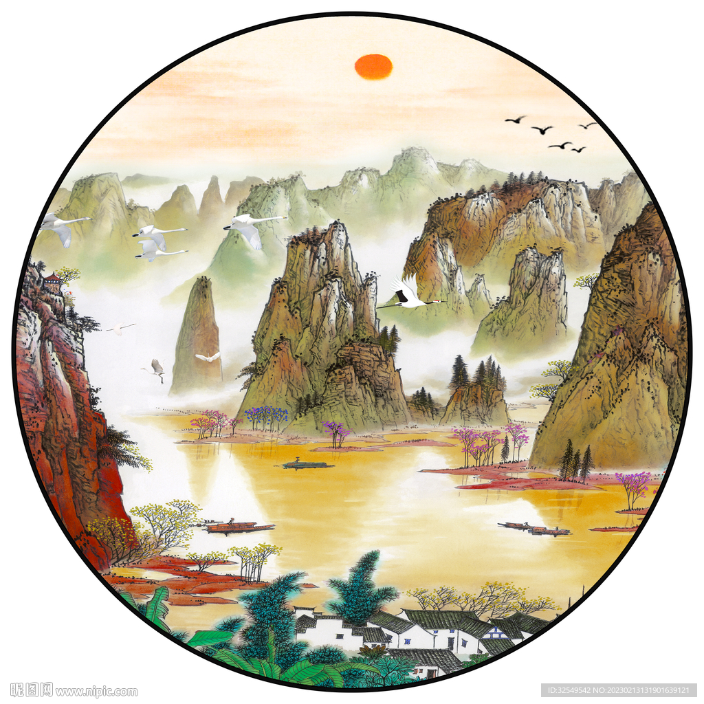 水墨山水圆形装饰画