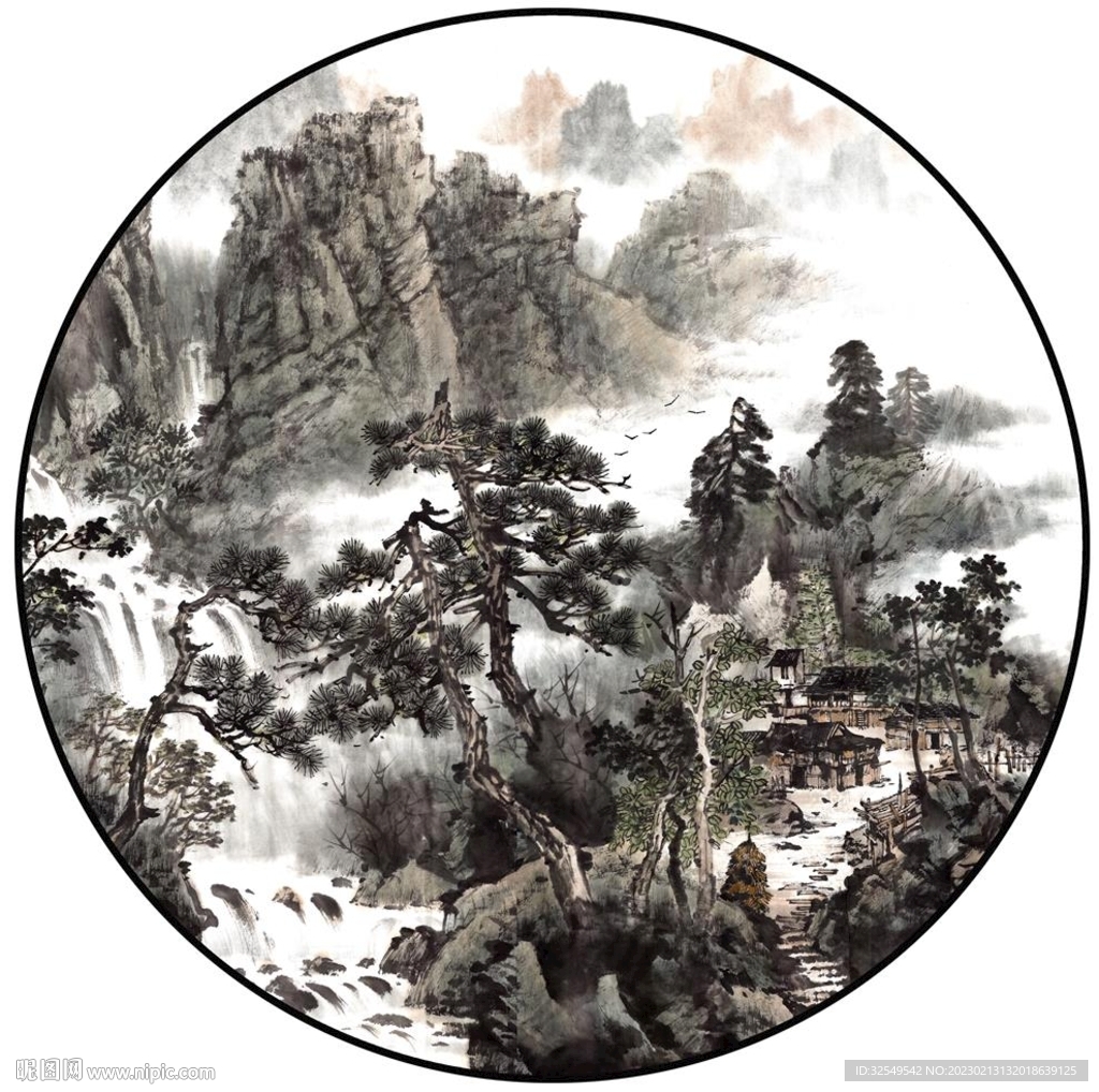 新中式水墨山水圆形装饰画