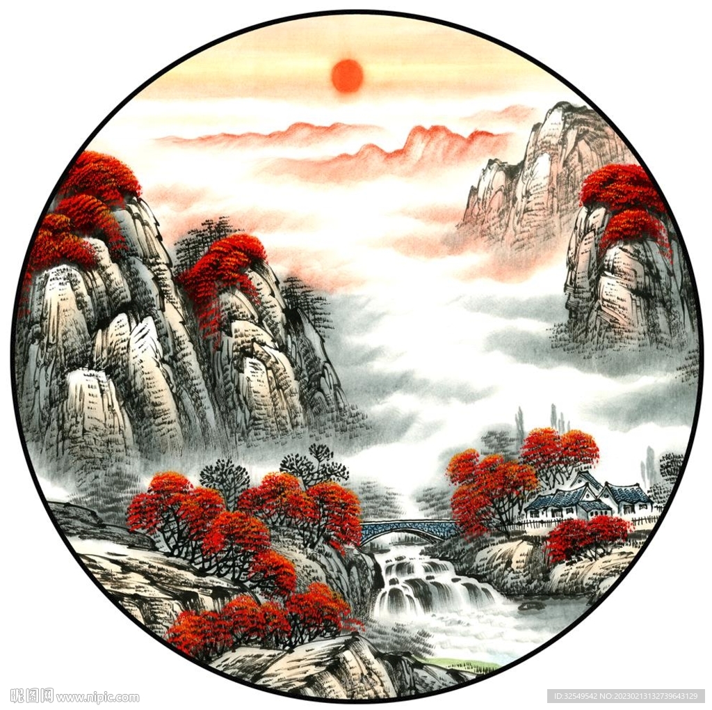 新中式水墨山水圆形装饰画