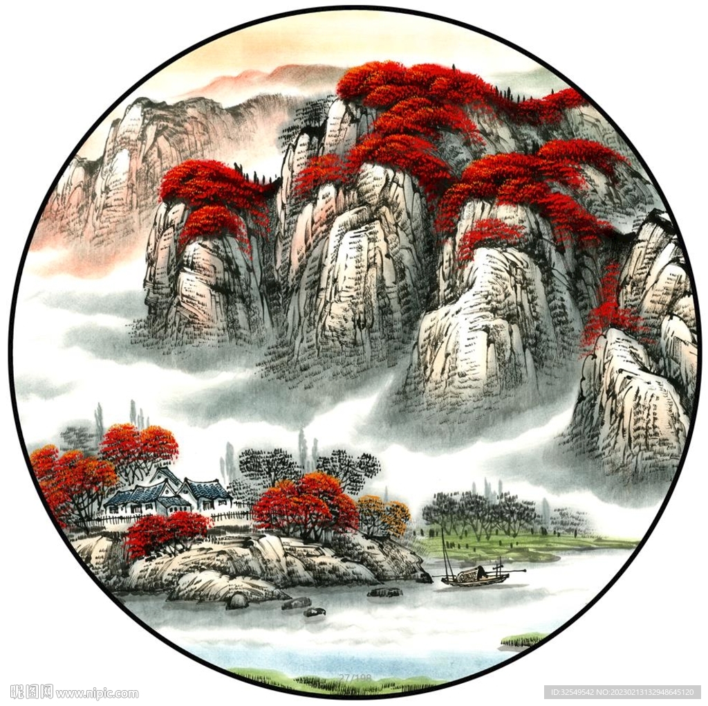 水墨山水圆形装饰画
