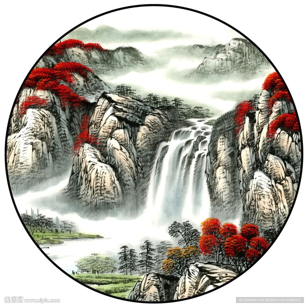 新中式水墨山水圆形装饰画