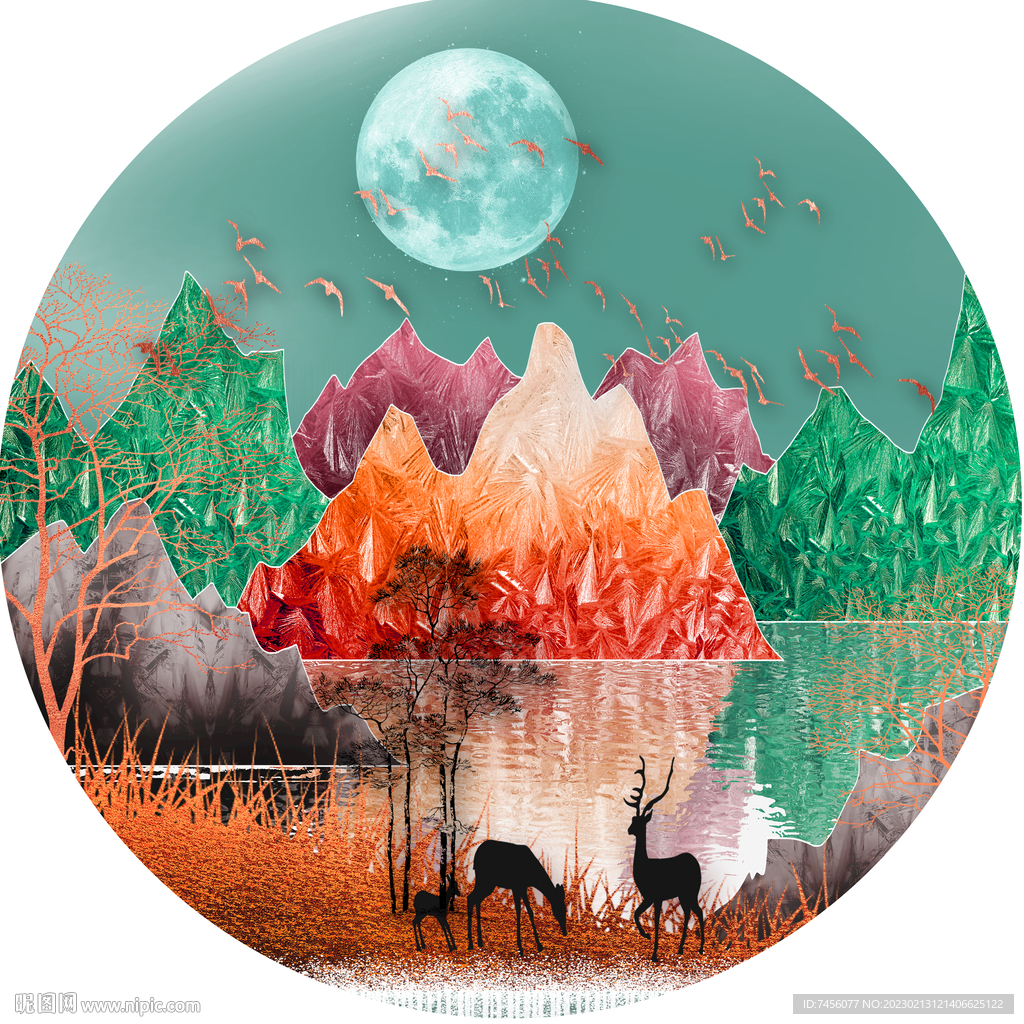 山水湖畔水彩麋鹿圆形挂画装饰画