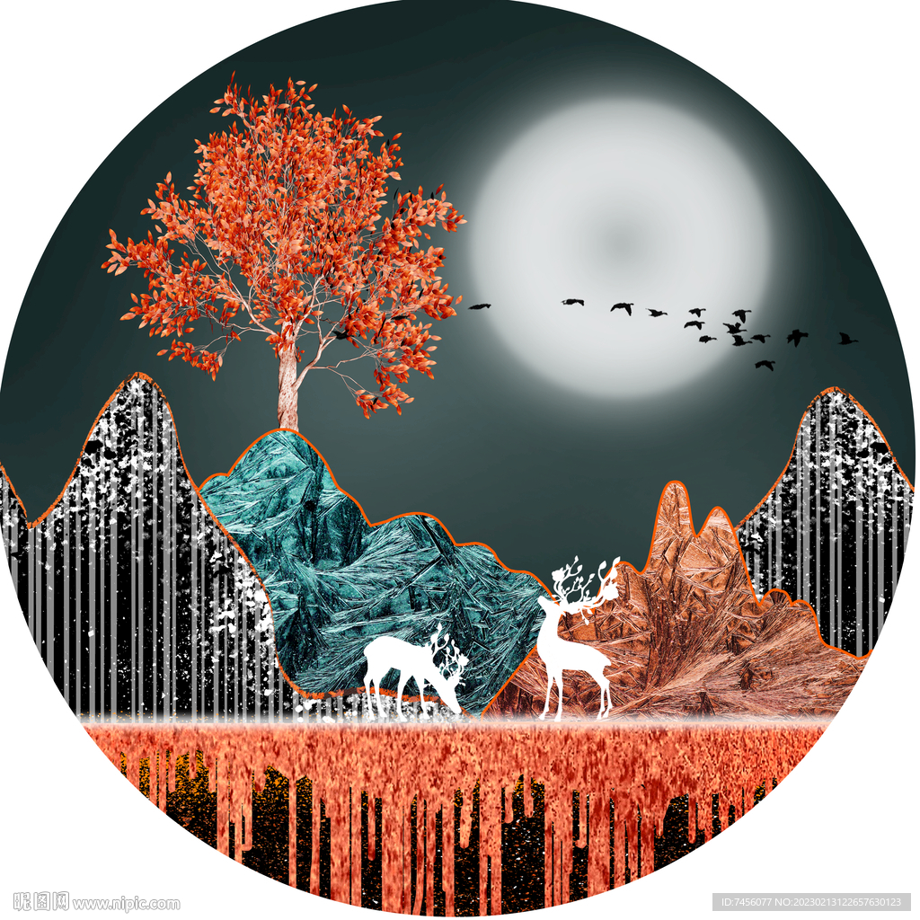水彩山林麋鹿圆形挂画装饰画