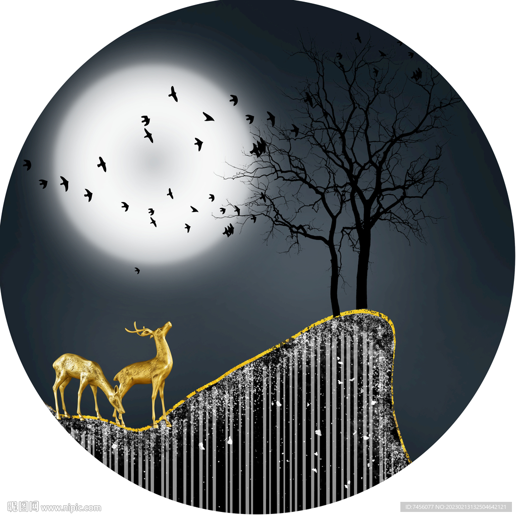 明月山林麋鹿圆形挂画装饰画