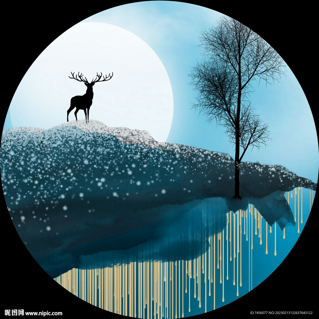 麋鹿湖畔水彩圆形挂画装饰画