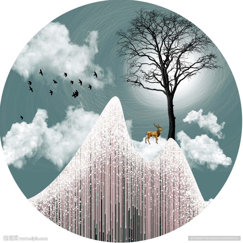 山林麋鹿圆形挂画装饰画