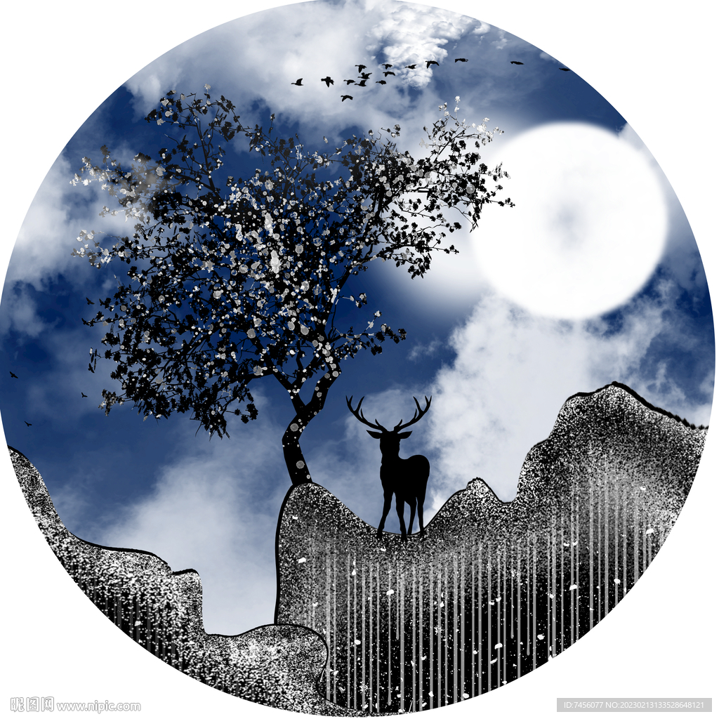 麋鹿山林圆形挂画装饰画