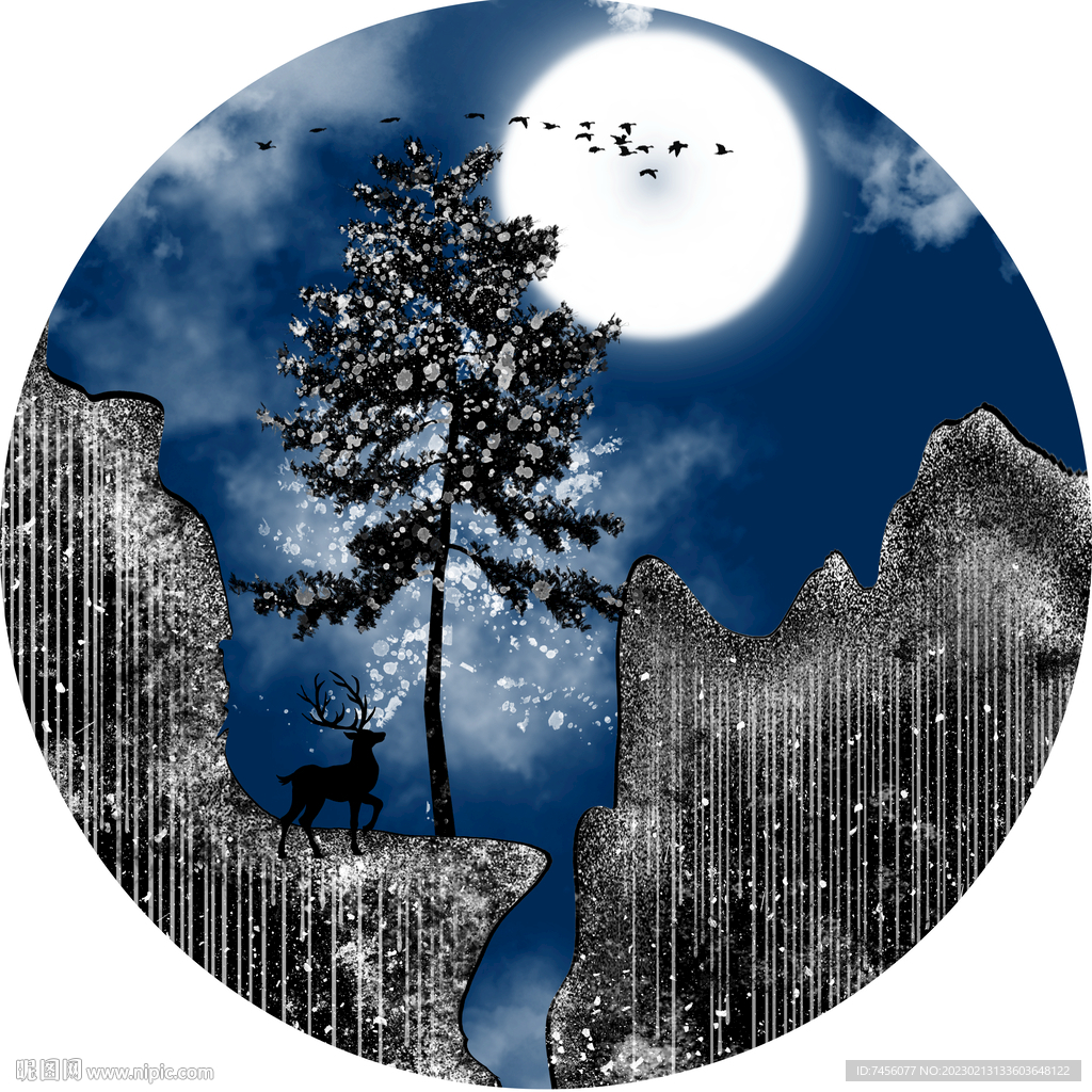 明月山崖树圆形挂画装饰画