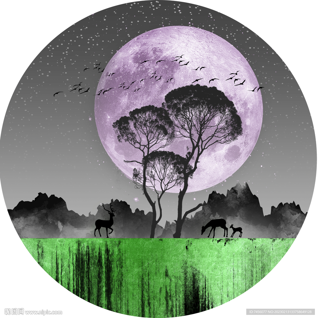 水墨山脉麋鹿圆形挂画装饰画