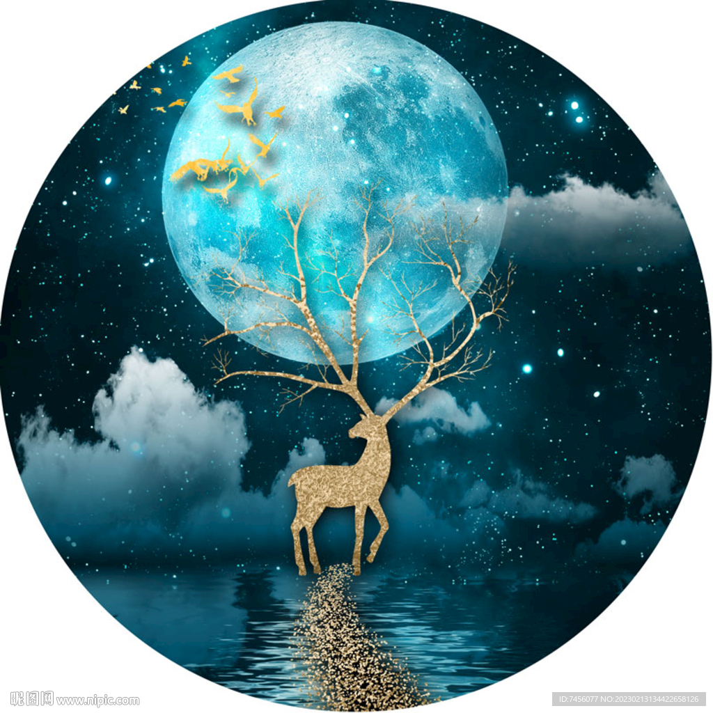 明月湖畔麋鹿水彩圆形挂画装饰画