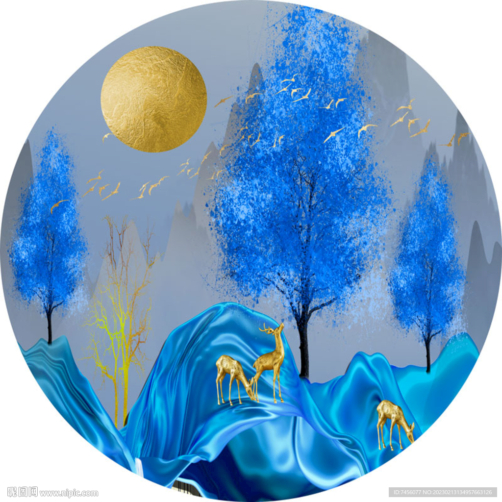 水彩树麋鹿圆形挂画装饰画