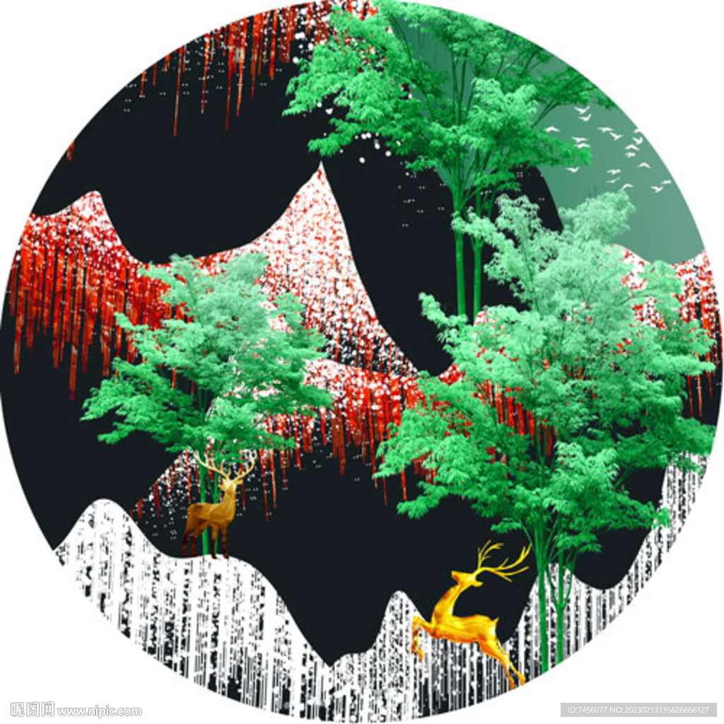 水彩树山脉麋鹿圆形挂画装饰画