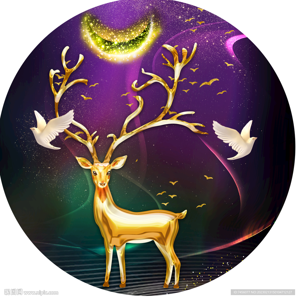 麋鹿飞鸟圆形挂画装饰画