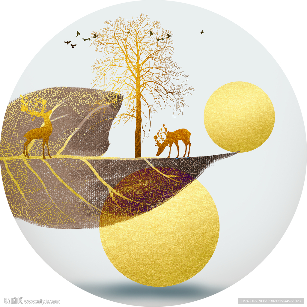 树叶麋鹿中式圆形挂画装饰画