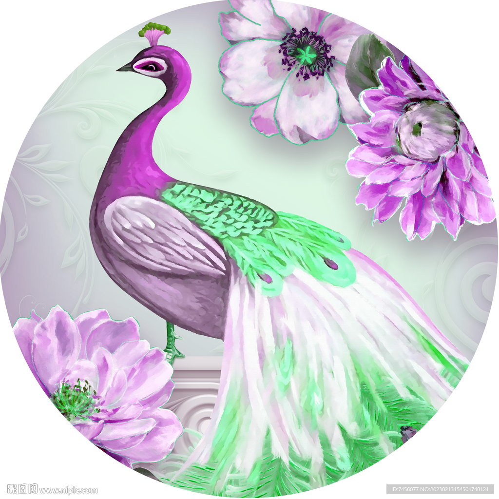 水彩孔雀花卉圆形挂画