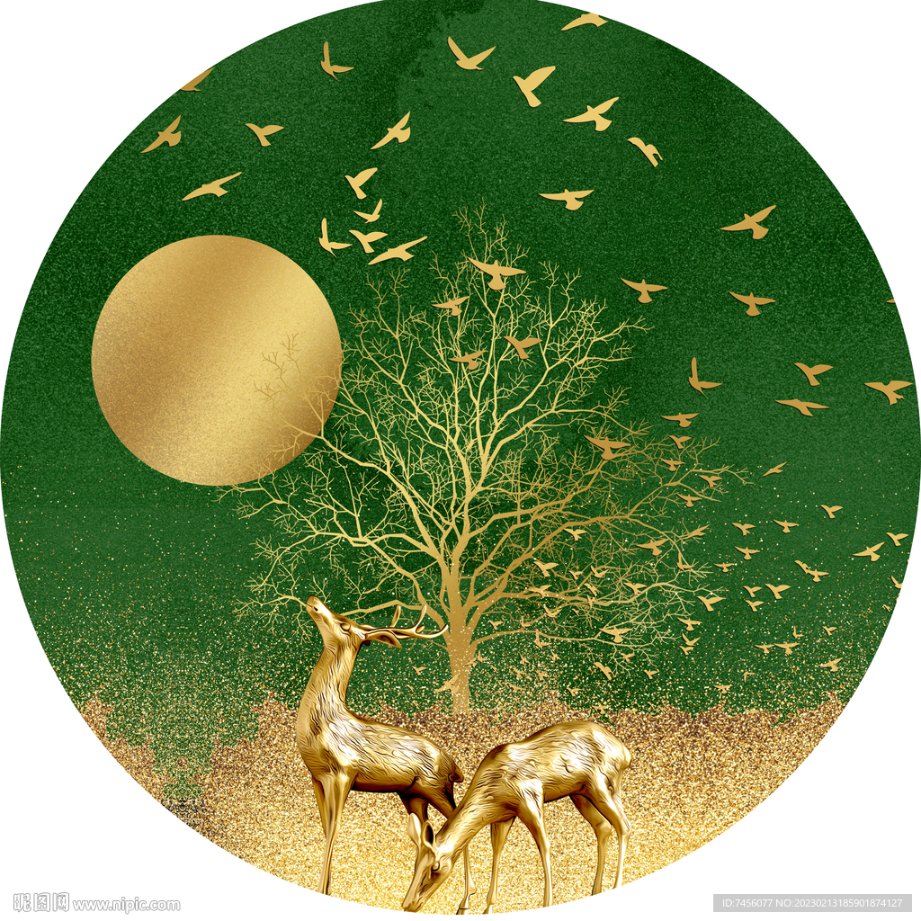 金色麋鹿绿色圆形挂画装饰画