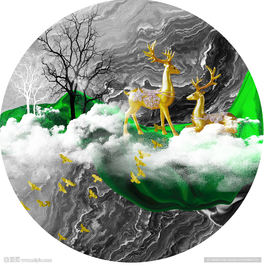 麋鹿飞鸟圆形挂画装饰画