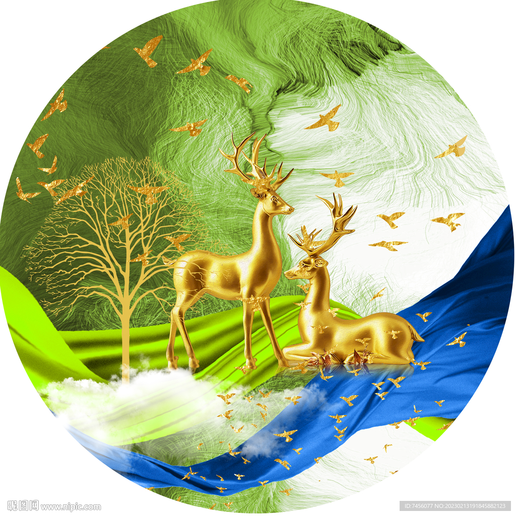 金色麋鹿唯美圆形挂画装饰画