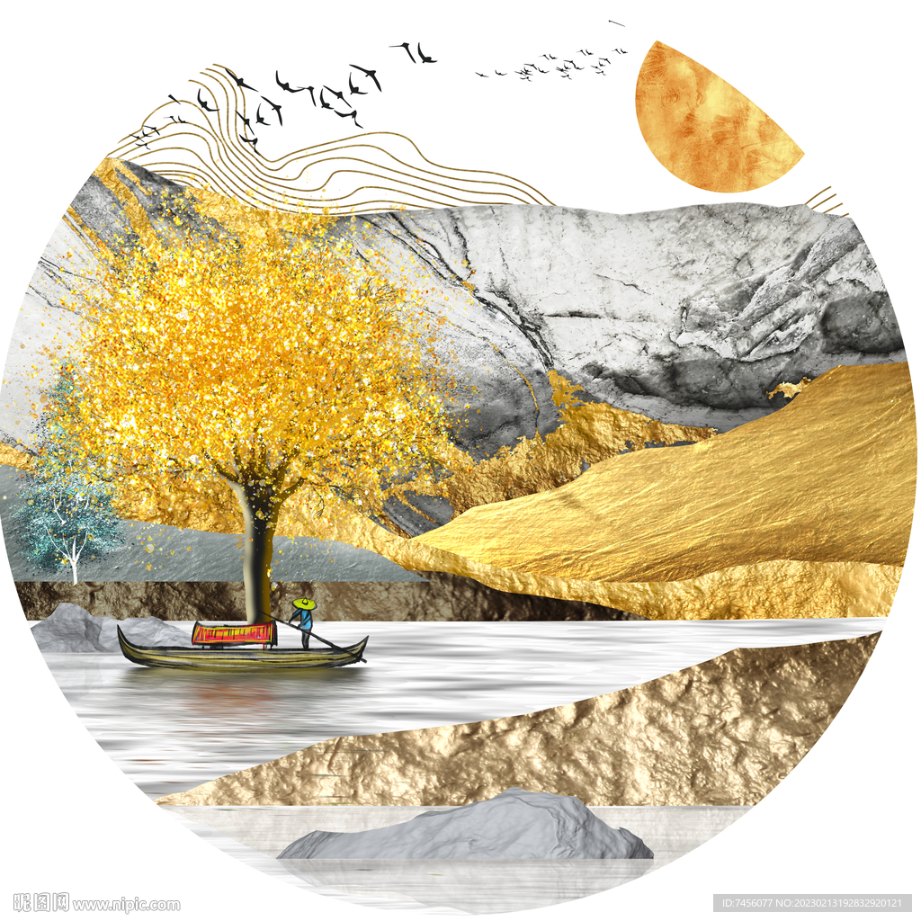发财树湖畔圆形挂画装饰画
