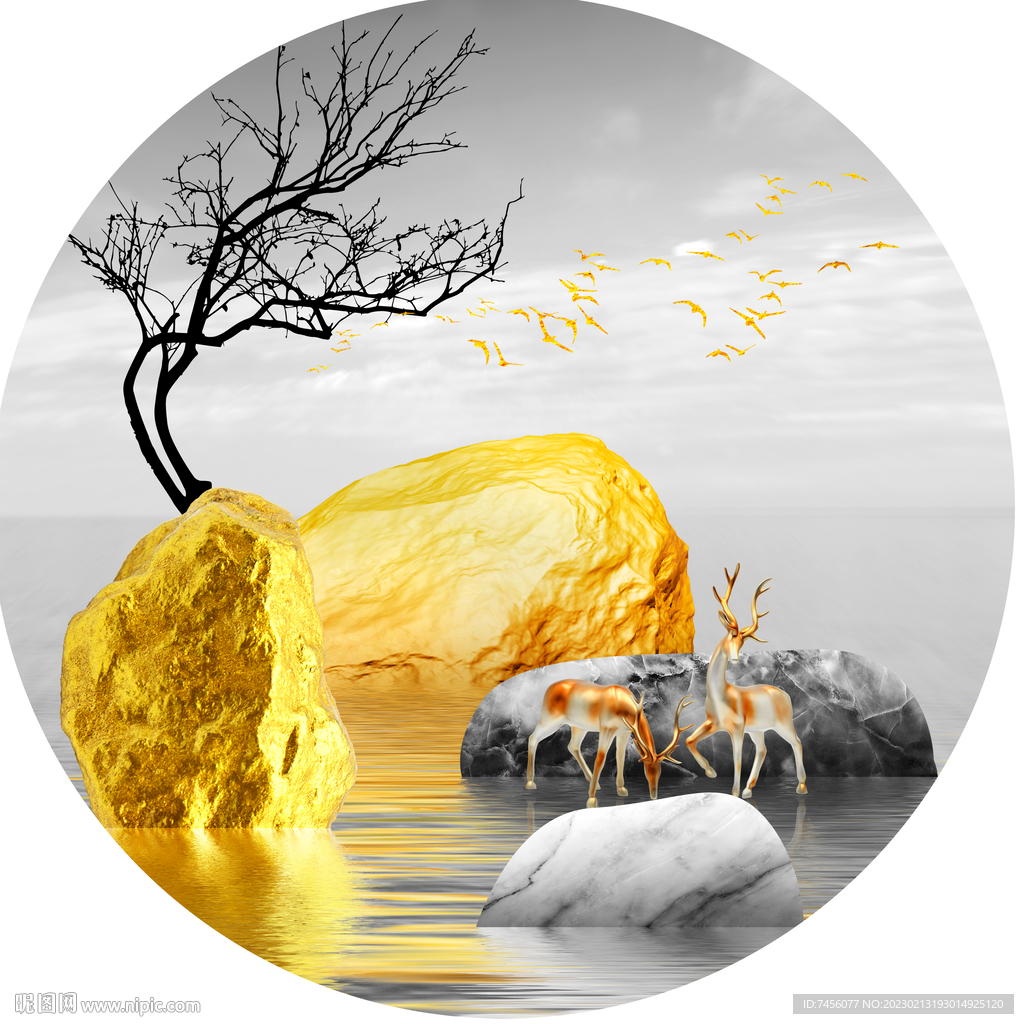 湖畔石头圆形挂画装饰画