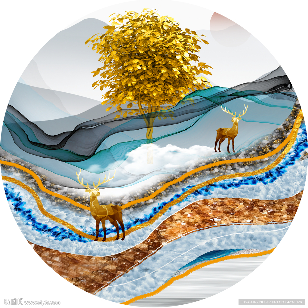 发财树麋鹿唯美圆形挂画装饰画